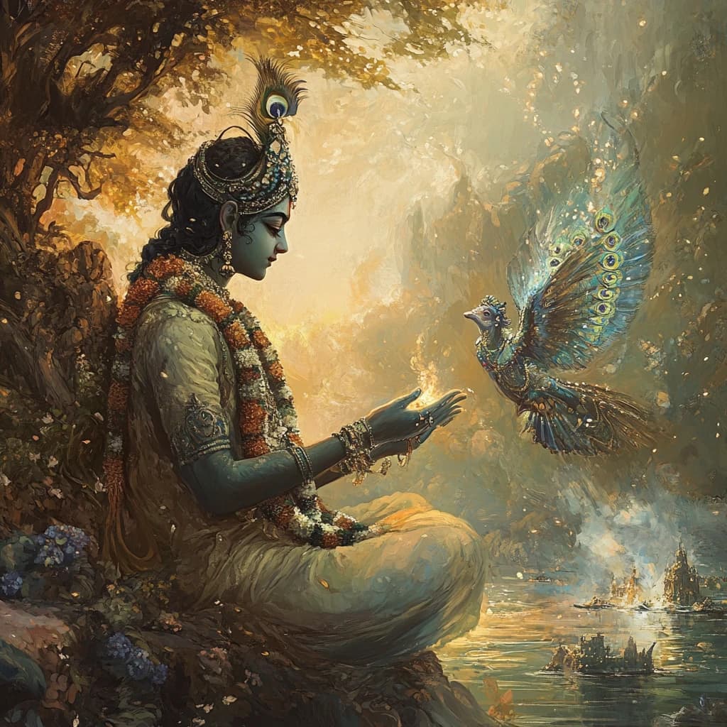 Krishna seated in a golden forest clearing, a peacock alighting before his open hand
