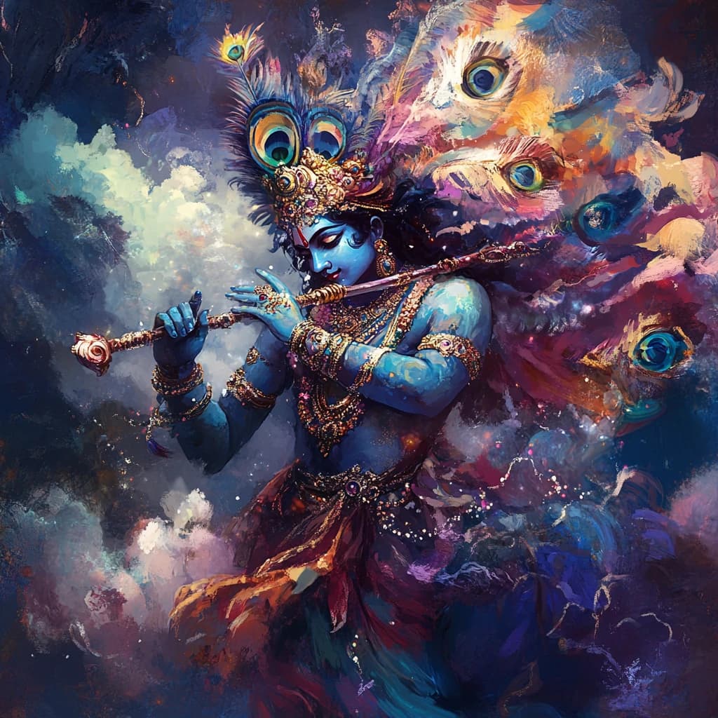 Krishna playing the flute inside a swirling burst of peacock feathers and cloud